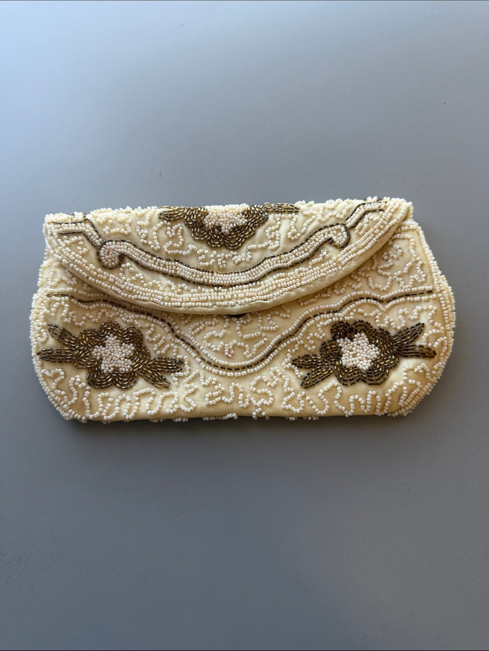 Vintage Walborg German Ivory Beaded Floral Clutch